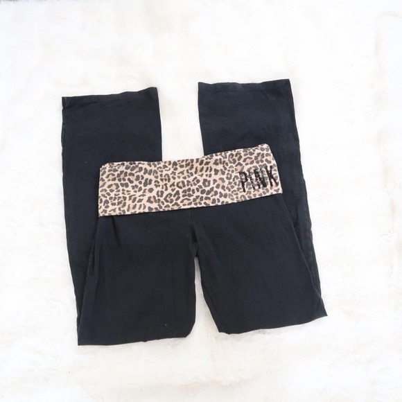 victoria's secret pink yoga fold over flare pants leopard waistband - Picture 3 of 8